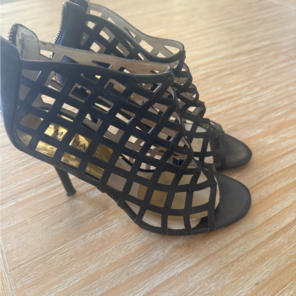 Black leather cage heels